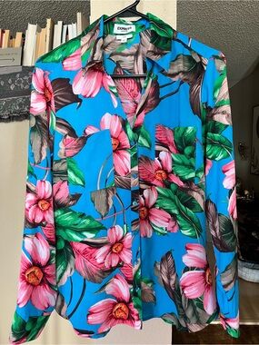 Express Blue Tropical Floral Button-Up Shirt with Pink & Green